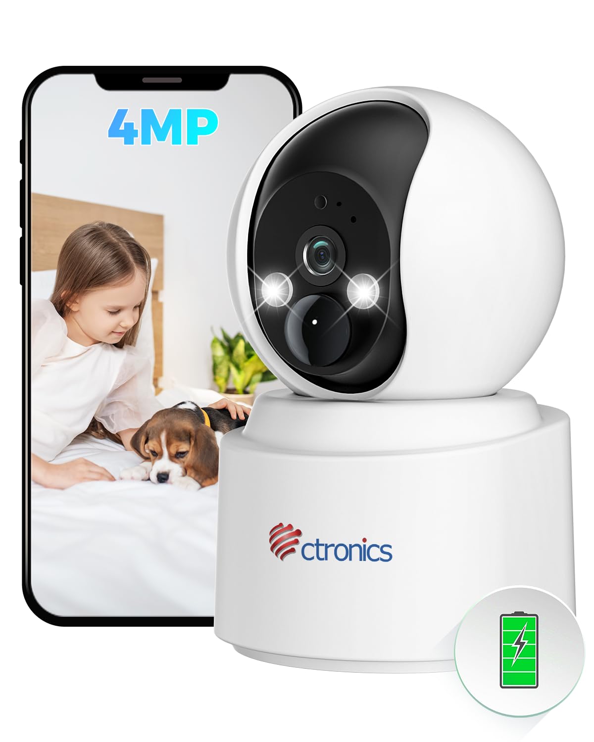 Ctronics 【Akku-Kabellos】 2.5K 4MP Überwachungskamera Innen WLAN, PTZ IP Kamera Indoor mit PIR-Personenerkennung, Auto Tracking, Farbnachtsicht 20M, 5200mAh - de.ctronics