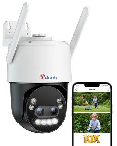 Ctronics 4K 10X Hybrid Zoom Überwachungskamera Aussen mit Personen-/Fahrzeug-/Tiererkennung, Farbnachtsicht 8MP, 2,4/5GHz WiFi,Metal