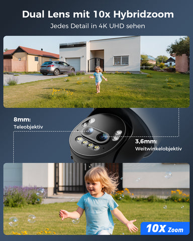 Ctronics 4K 10X Hybrid Zoom Überwachungskamera Aussen mit Personen-/Fahrzeug-/Tiererkennung, Farbnachtsicht 8MP, 2,4/5GHz WiFi,Metal