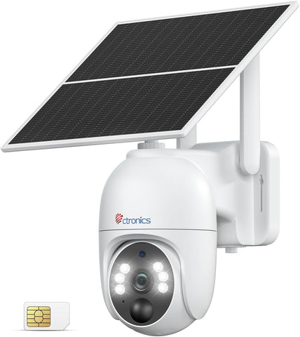 Ctronics 3G/4G LTE Überwachungskamera Aussen Solar mit SIM Karte Kabellos, 2K PTZ IP Ohne WLAN mit Akku, 360° Blickwinkel, Cloud, PC/FTP/Smartphone