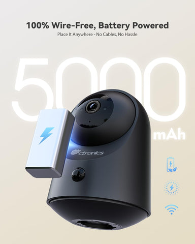 Ctronics 2K 3MP Akku Überwachungskamera Innen WLAN, 100% Kabellos, 20m Infrarot Nachtsicht,360° PTZ Überwachung