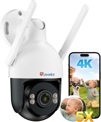 Ctronics 4K 8MP Überwachungskamera Aussen WLAN, PTZ Kamera Outdoor mit Personen/Fahrzeug/Tiererkennung, 2,4/5GHz WLAN, 4K Farbnachtsicht