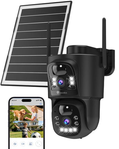Ctronics Dual Objektiv Überwachungskamera Aussen Solar, 2.4/5GHz WLAN Kamera Outdoor Kabellos, 8W Solarpanel & 10400mAh Akku, Duale PIR