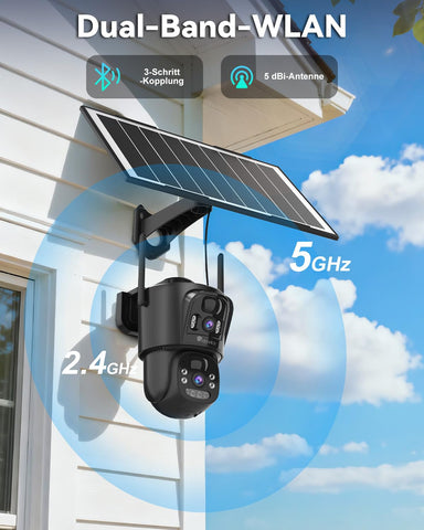 Ctronics Dual Objektiv Überwachungskamera Aussen Solar, 2.4/5GHz WLAN Kamera Outdoor Kabellos, 8W Solarpanel & 10400mAh Akku, Duale PIR