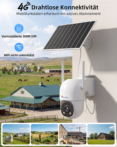 Ctronics AOV 24/7 Überwachungskamera 4G Solar, 30m KI-Tracking, PTZ, IP66 | 8W Solarpanel, 13500mAh Akku, SIM-Karte