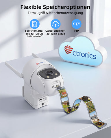 Ctronics AOV 24/7 Überwachungskamera 4G Solar, 30m KI-Tracking, PTZ, IP66 | 8W Solarpanel, 13500mAh Akku, SIM-Karte