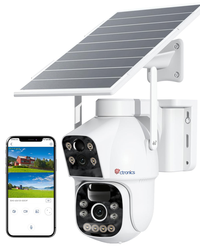 Ctronics 4G LTE Überwachungskamera Außen mit SIM Karte Doppellinse, 15600mAh Akku 8W Solarpanel Kabellos Solar ，Dual PIR Personenerkennung