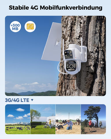 Ctronics 4G LTE Überwachungskamera Außen mit SIM Karte Doppellinse, 15600mAh Akku 8W Solarpanel Kabellos Solar ，Dual PIR Personenerkennung