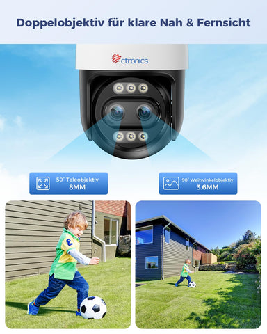 Ctronics 10X Hybrid Zoom 4K Überwachungskamera Aussen Dual-Lens,Auto Track/Personen/Fahrzeug/Tiererkennung, FTP&NVR