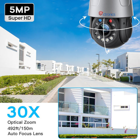 30X Optical Zoom 5MP WiFi PTZ Surveillance Camera with Audible Light Alarm and 50m Color Night Vision - Ctronics